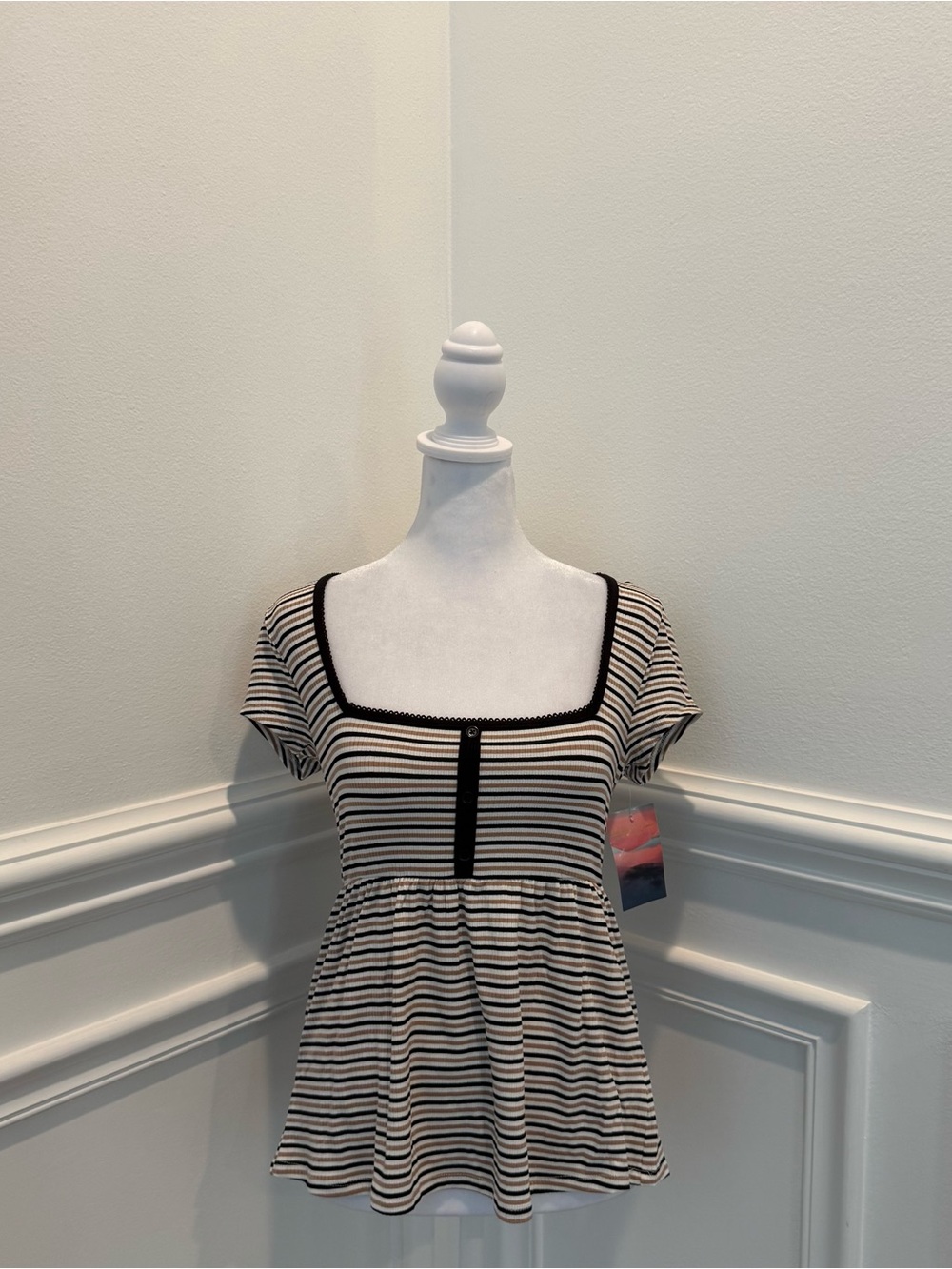 Haley & June Striped Babydoll Cap Sleeve Henley Top